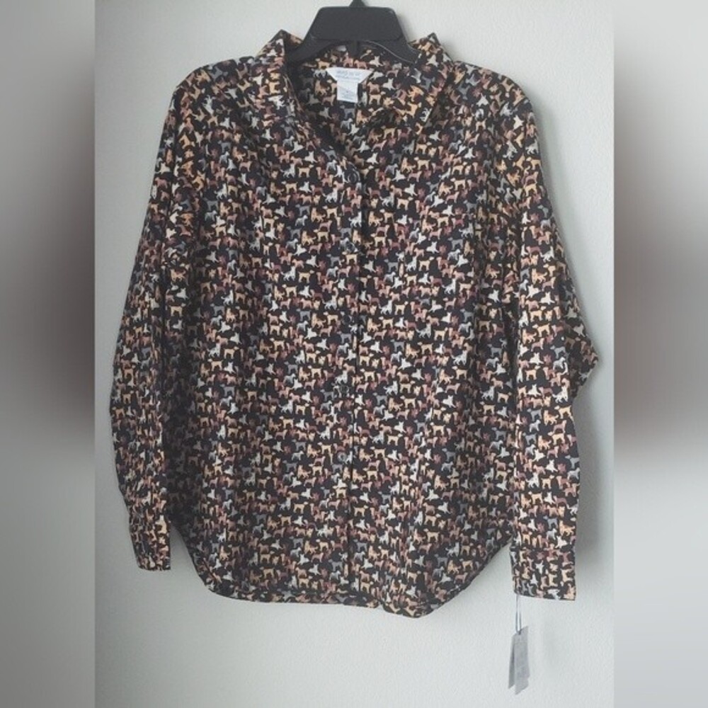 Sleep Sense Size L Women's Black Dog Print Pajama Top Shirt Long Sleeve